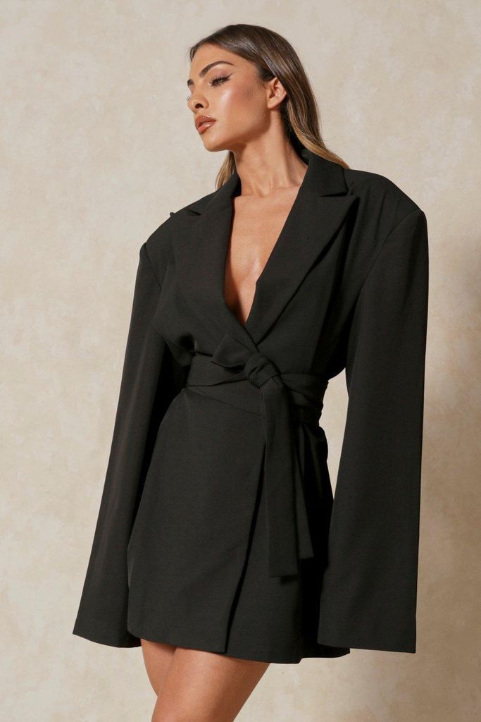 Womens Premium Tailored Oversized Belted Blazer Dress - black - 8, Black