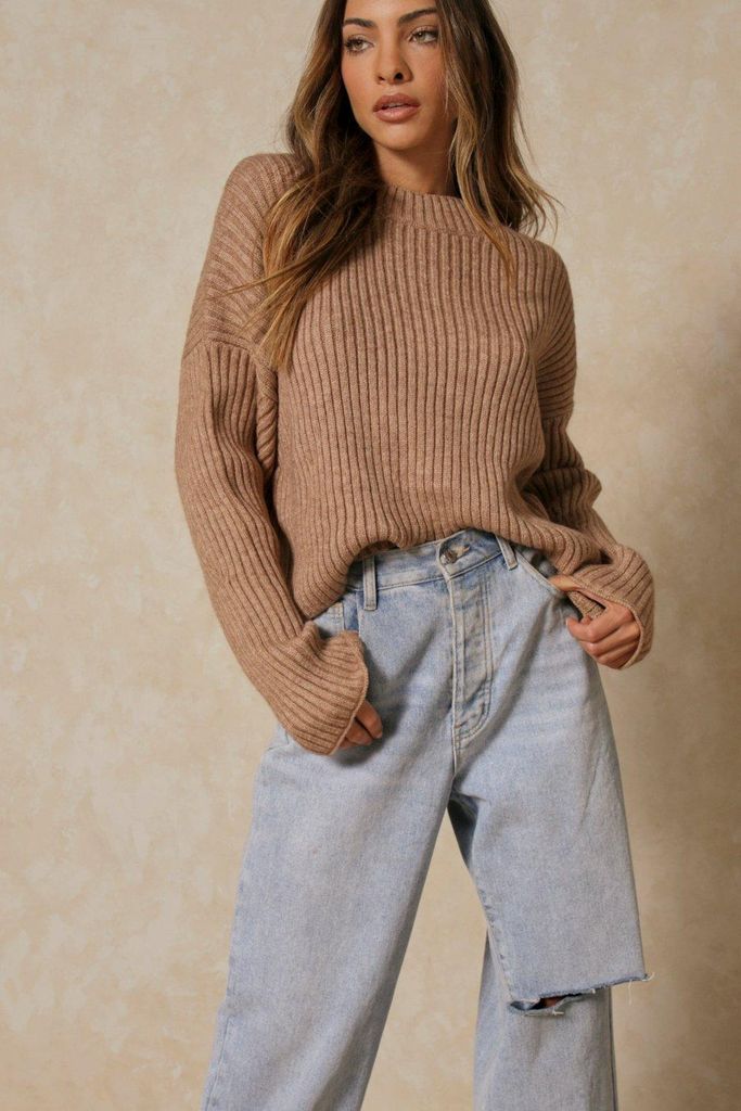 Womens Ribbed Drop Sleeve Panelled Jumper - stone - L/XL, Stone