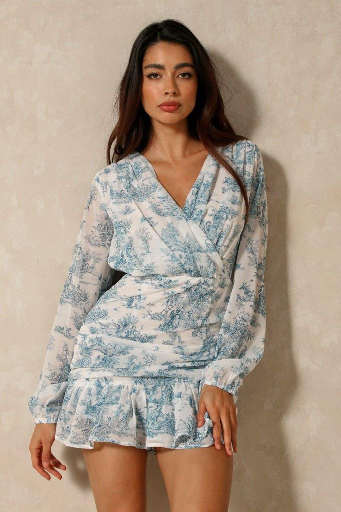 Womens Printed Chiffon Ruched Wrap Mini Dress - blue - 6, Blue