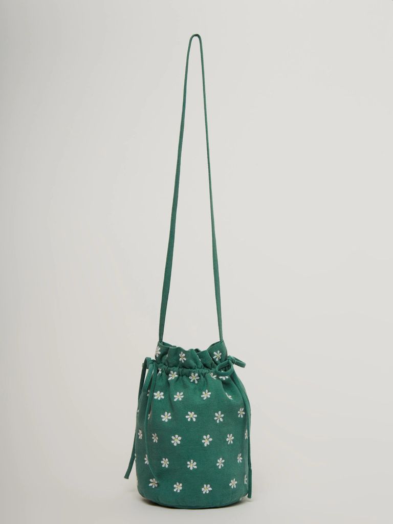 Daisy Embroidery Drawstring Pouch Bag Jade Green Combo