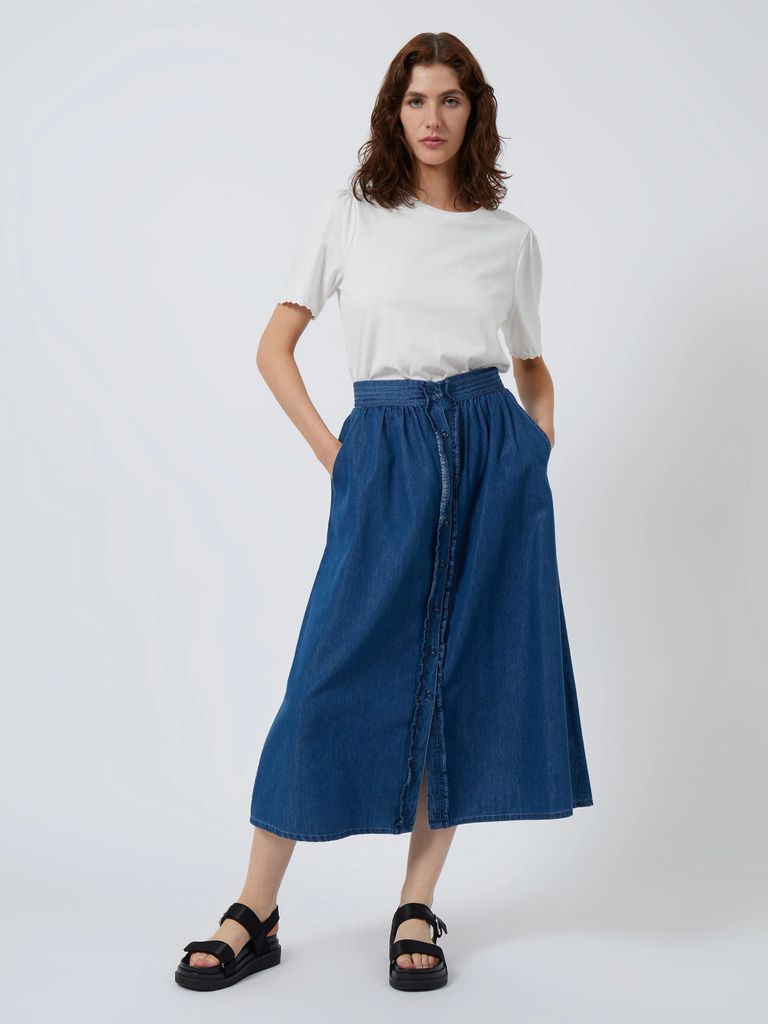 Summer Chambray Frill Button-Down Skirt Denim
