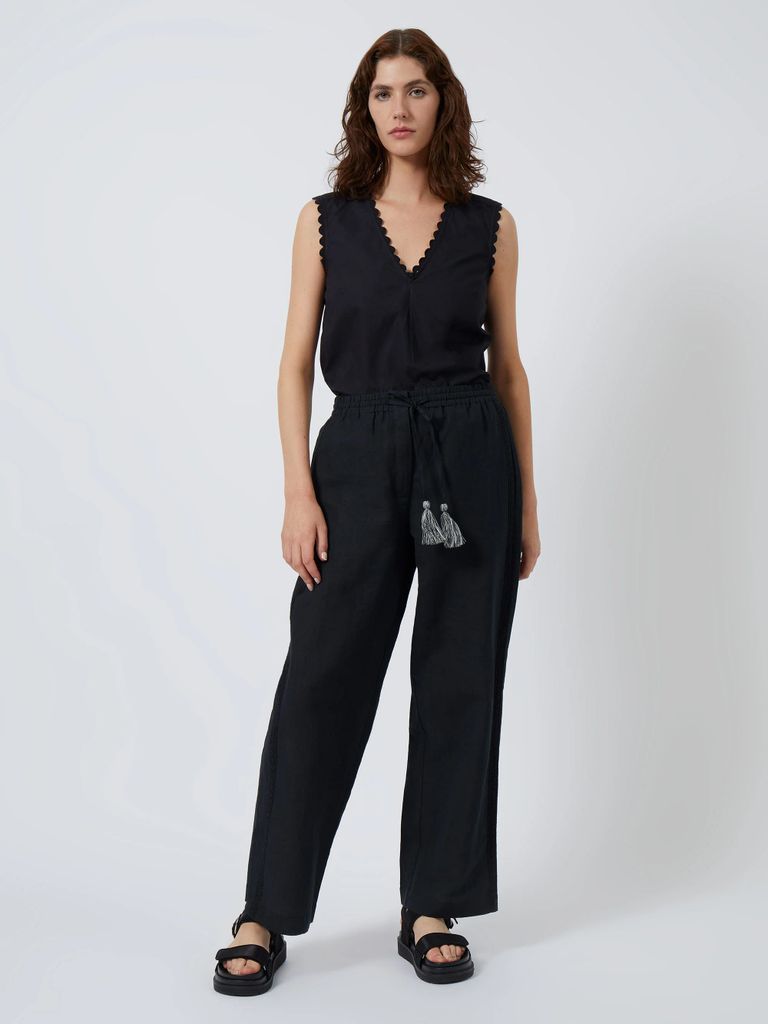 Spring Linen Mix Drawstring Trousers Black