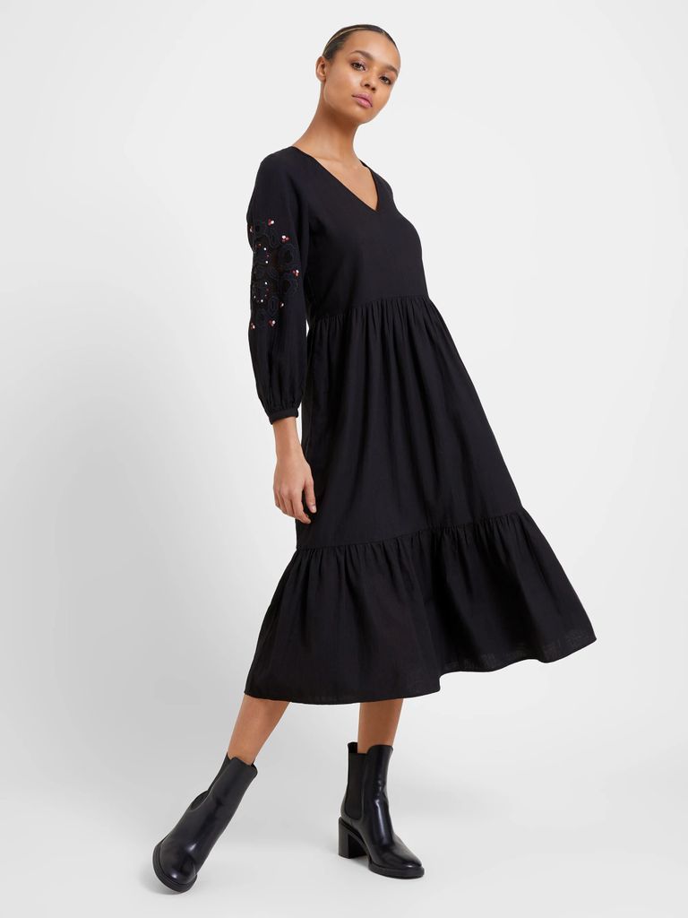 Light Flannel Embroidery V-Neck Dress Black Multi