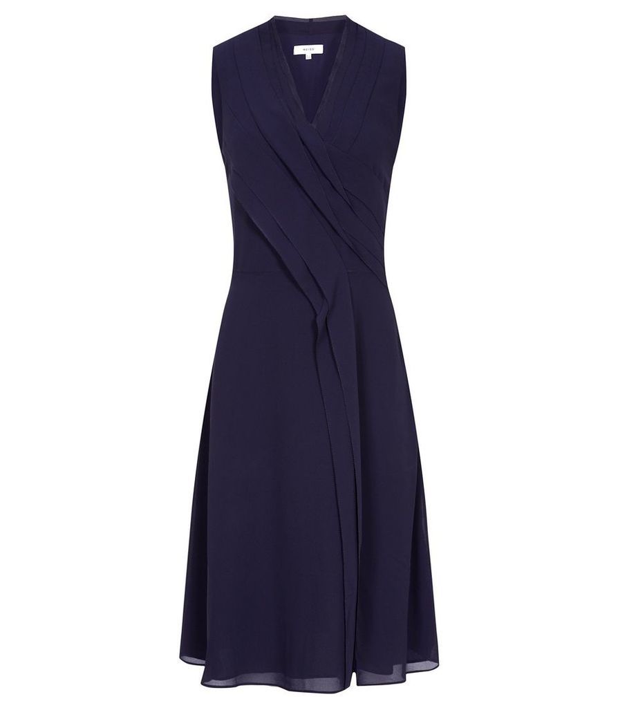 Reiss Alana - Pleat Front V Neck Dress in Navy, Womens, Size 16