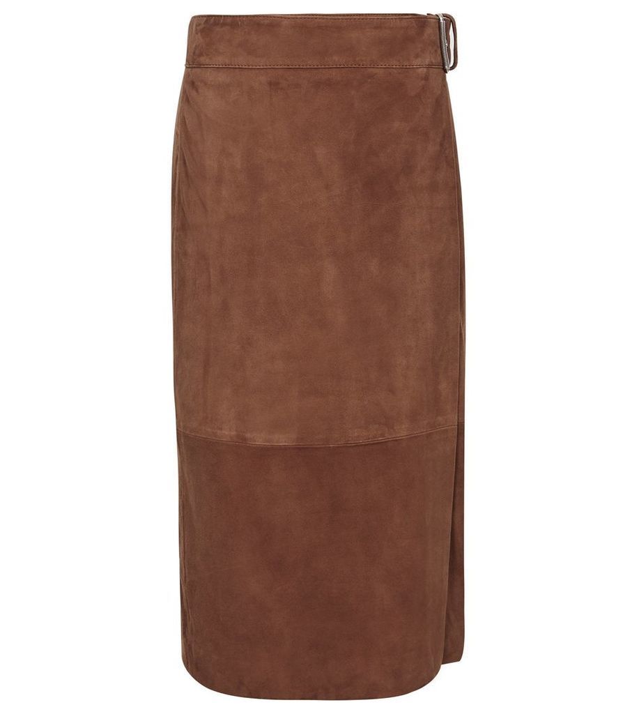 Reiss Milly - Suede Midi Skirt in Brown, Womens, Size 14