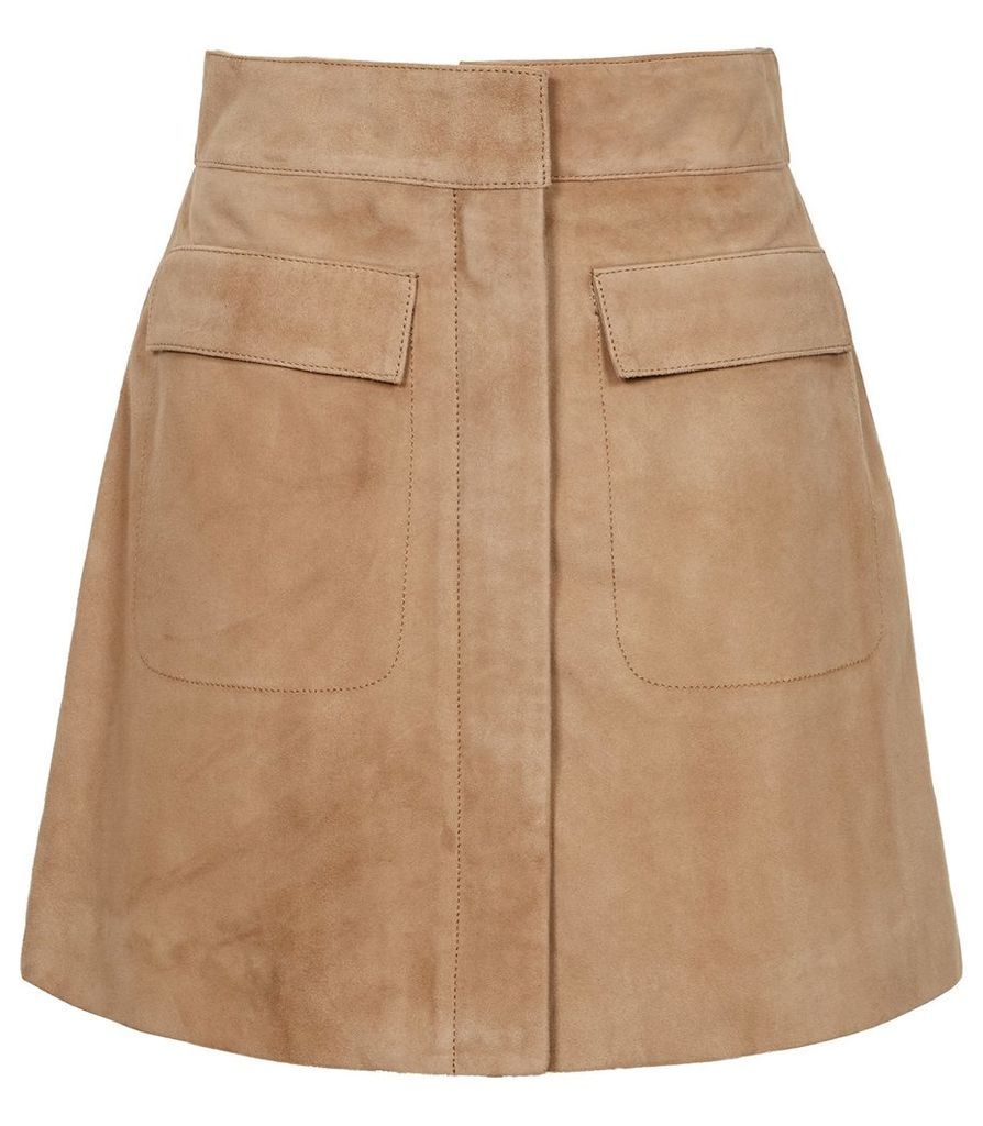 Reiss Leah - Suede Mini Skirt in Stone, Womens, Size 14