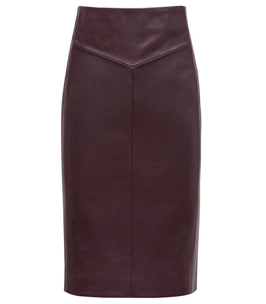 Reiss Megan - Leather Pencil Skirt in Oxblood, Womens, Size 14