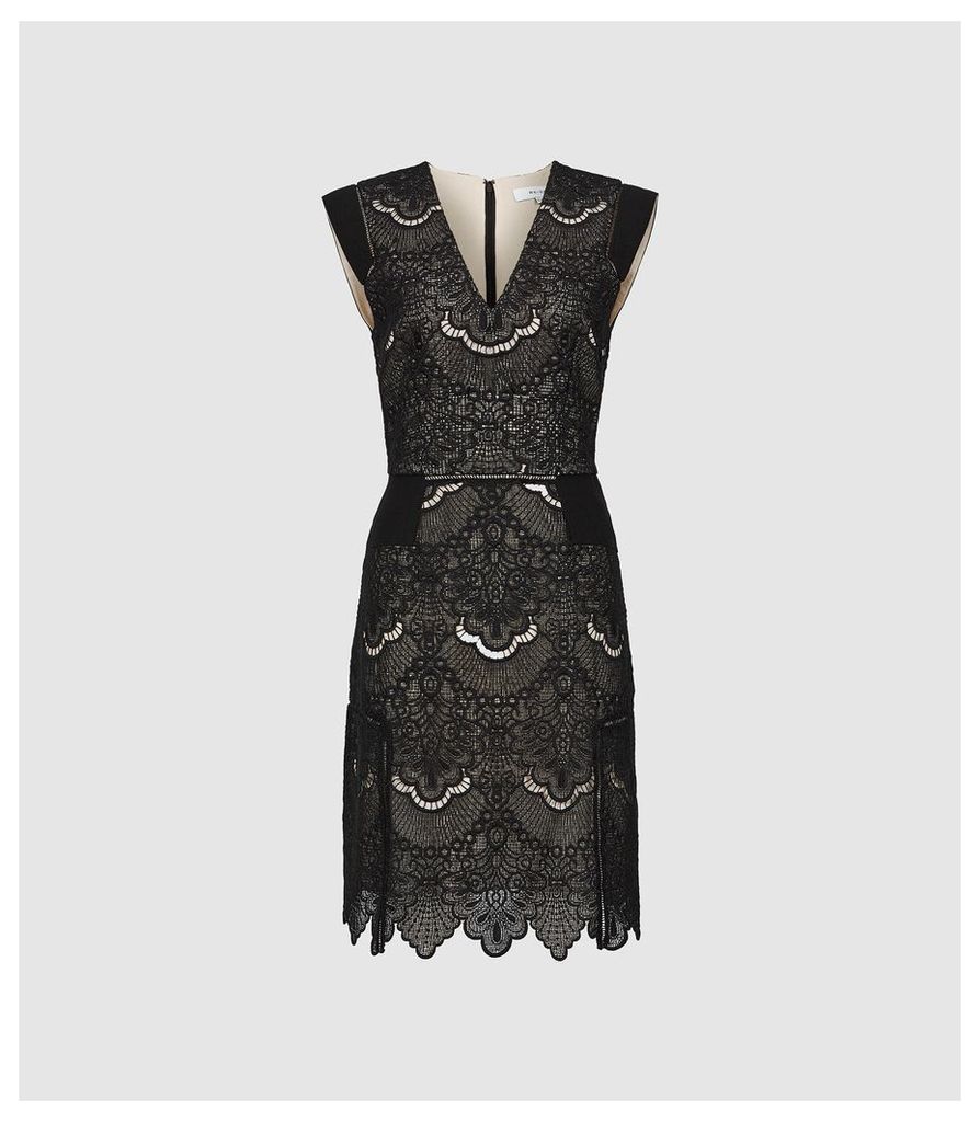 Reiss Gemina - Lace Fit And Flare Dress in Black, Womens, Size 16