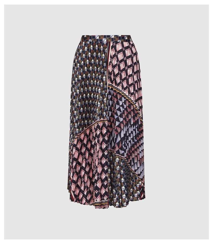 Reiss Leah - Geo Knife Pleated Midi Skirt in Multi, Womens, Size 14