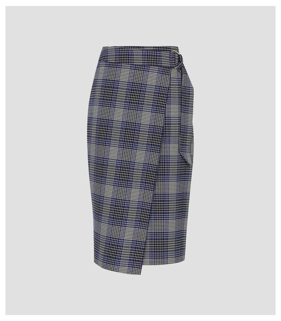Reiss Josie Skirt - Checked Wrap Front Skirt in Blue Check, Womens, Size 14