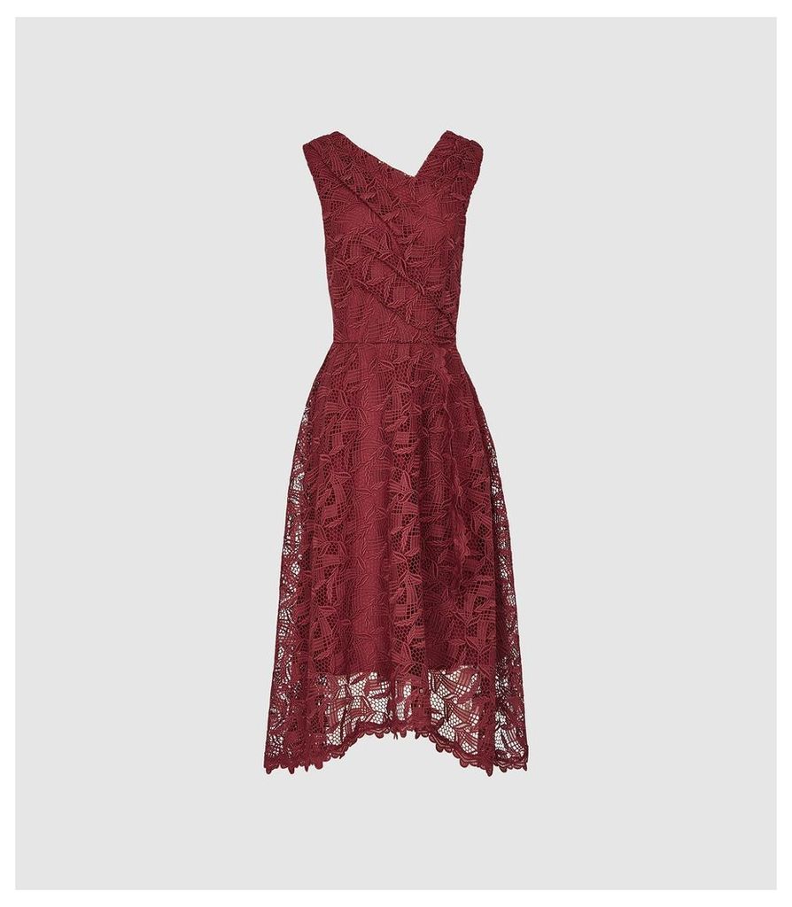 Reiss Rayna - Wrap Front Lace Dress in Wine Berry, Womens, Size 16