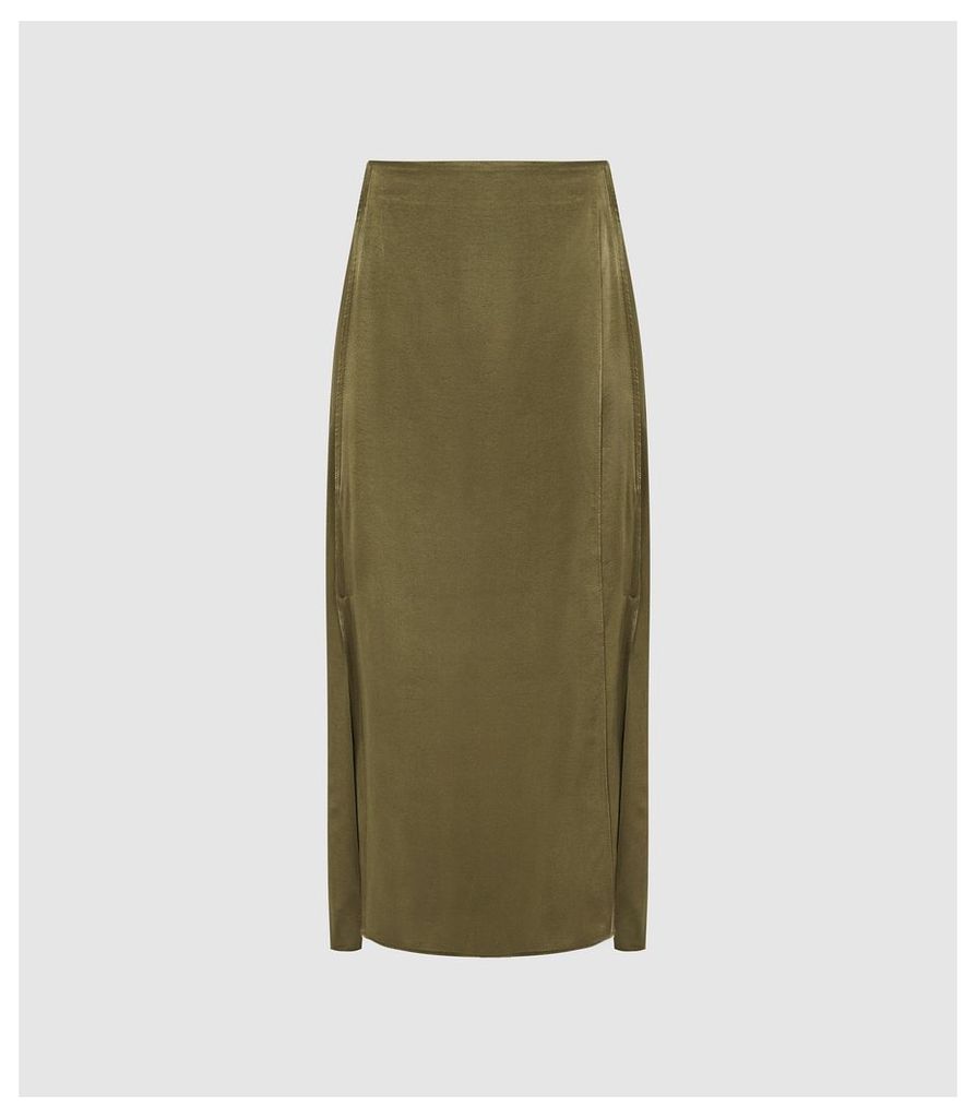 Reiss Amalie - Satin Midi Skirt in Green, Womens, Size 14