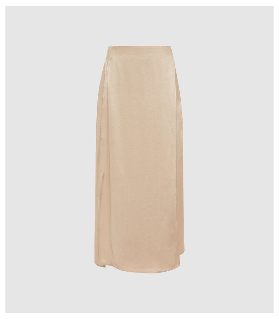 Reiss Amalie - Satin Midi Skirt in Gold, Womens, Size 14