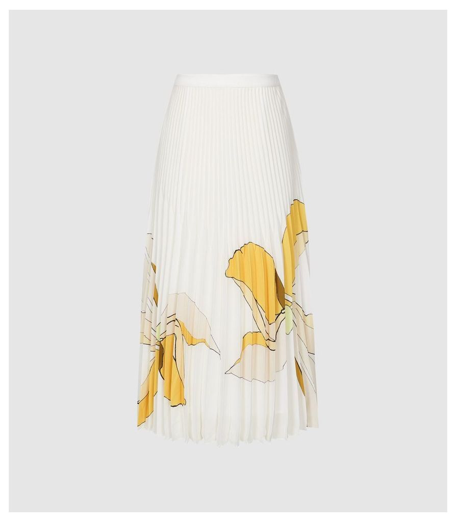 Reiss Armelle - Floral Printed Midi Skirt in Multi White, Womens, Size 14