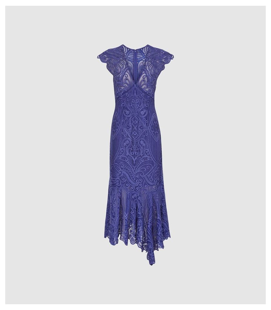 Reiss Anastasia - Lace Overlay Flute Hem Midi Dress in Cobalt, Womens, Size 16