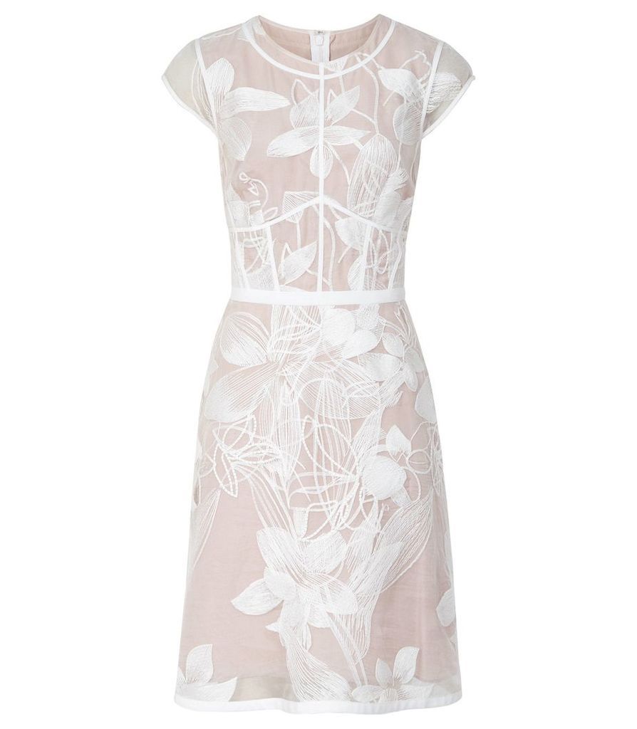 Reiss Ines - Floral Embroidered Overlay Dress in White/nude, Womens, Size 14