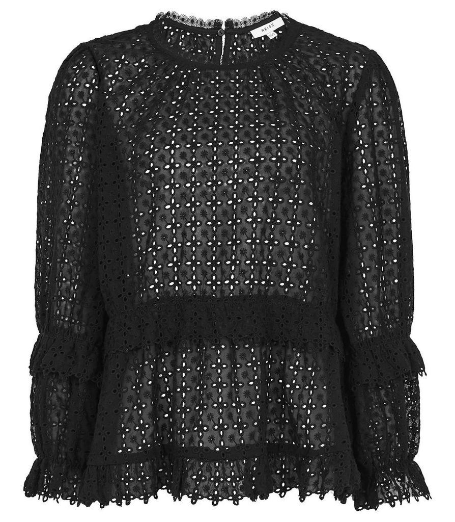 Reiss Madie - Broderie Anglaise Top in Black, Womens, Size 14