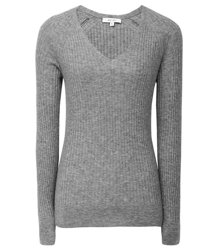 Reiss Elouise - Ribbed V-neck Jumper in Grey, Womens, Size XXL