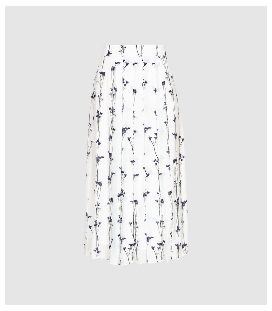 Reiss Leona - Floral Printed Pleated Midi Skirt in White, Womens, Size 14