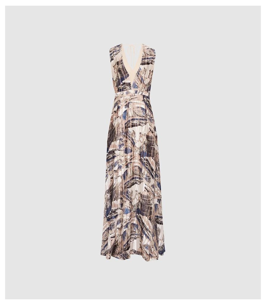 Reiss Alix - Marble Printed Maxi Dress in Blue/ White, Womens, Size 16