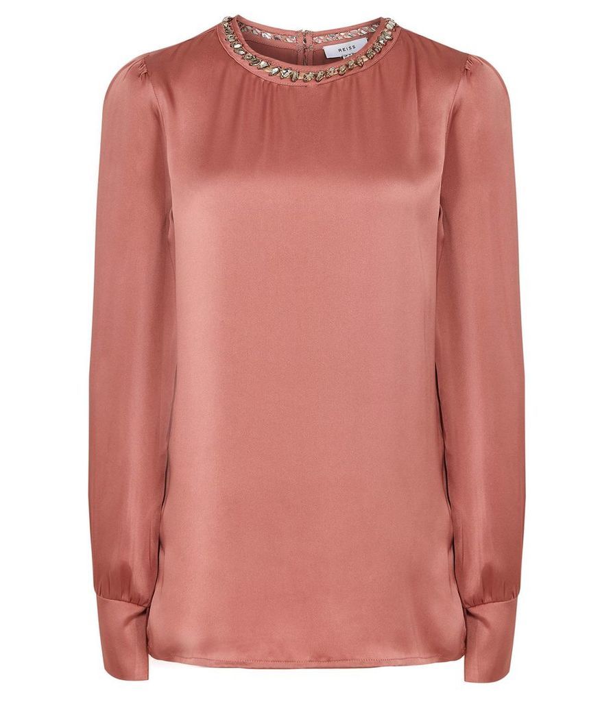 Reiss Elin - Embellished Satin Blouse in Blush, Womens, Size 14