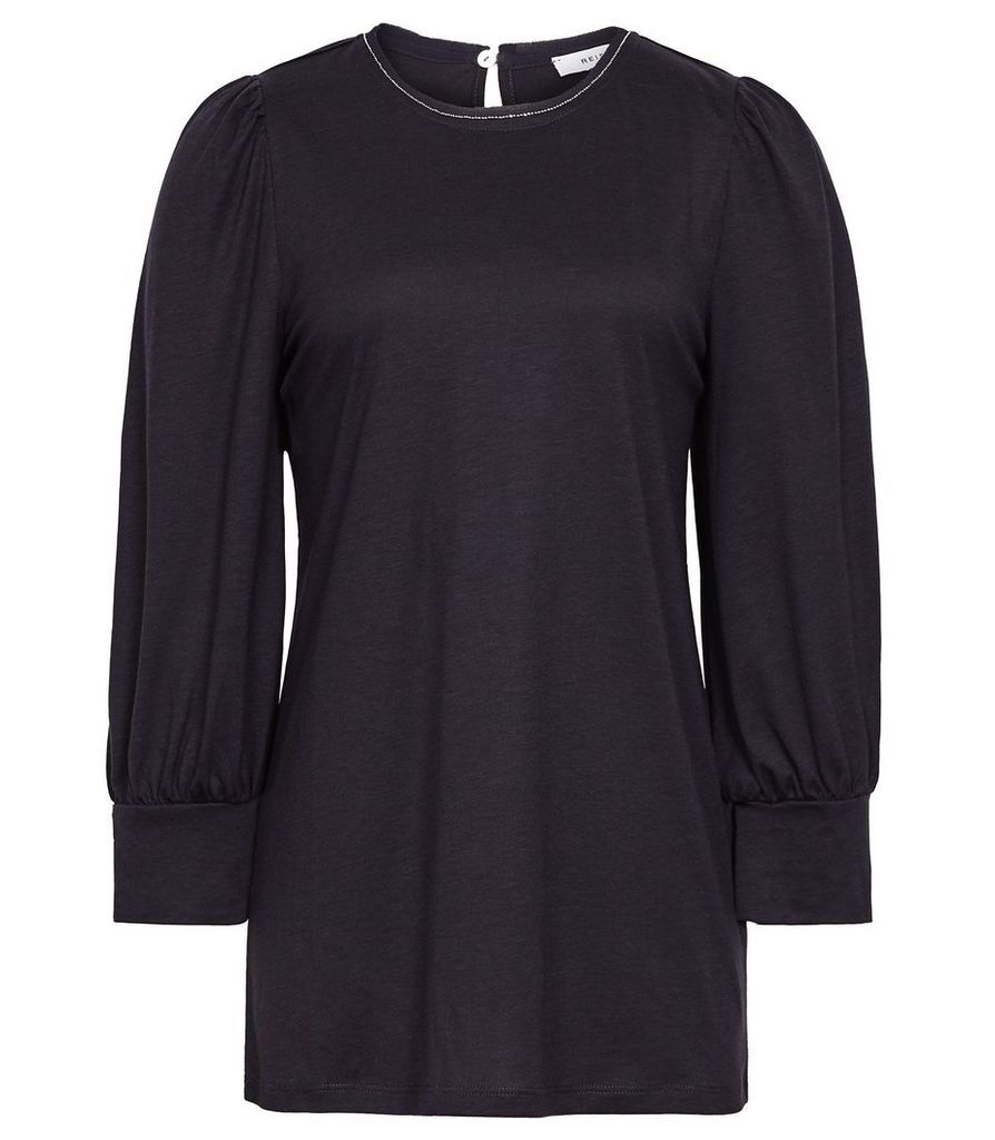 Reiss Acian - Embellished Long Sleeved Jersey Top in Navy, Womens, Size XL