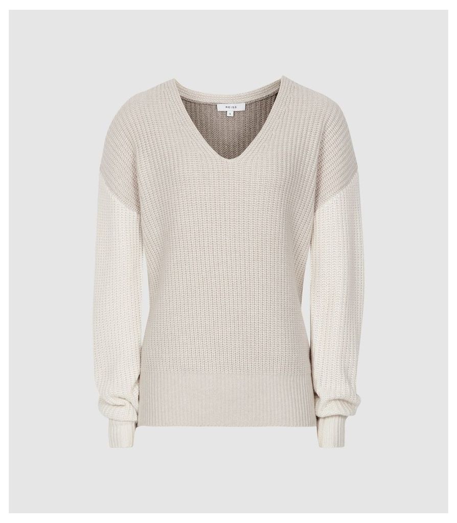 Reiss Audrey - V-neck Ribbed Jumper in Neutral/white, Womens, Size XXL