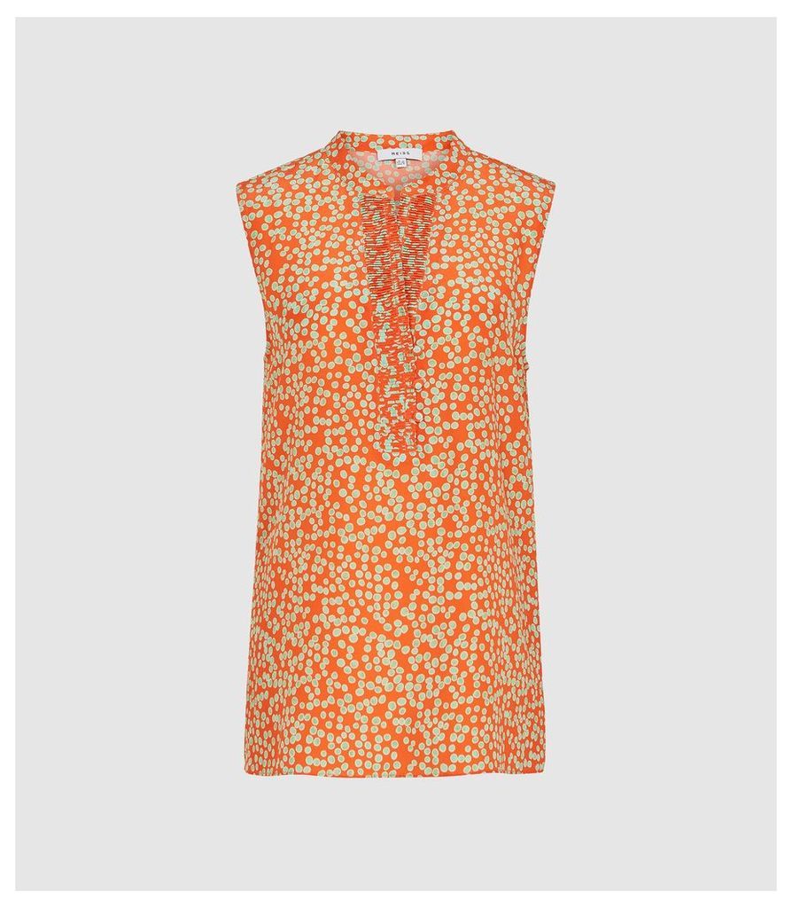 Reiss Cecily Print - Silk Button Detail Top in Coral, Womens, Size 14