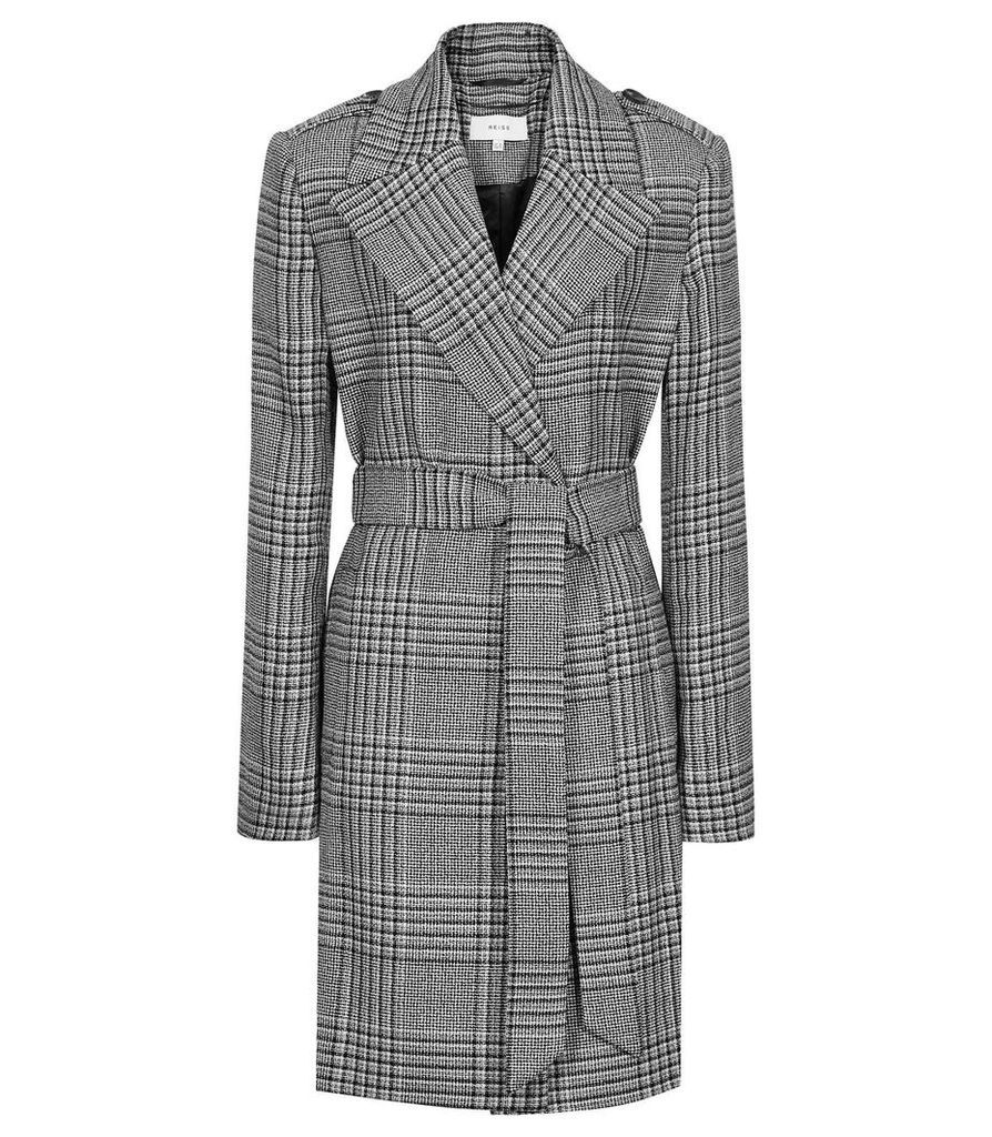 Reiss Shelby - Double-breasted Checked Mac in Black/white, Womens, Size 14
