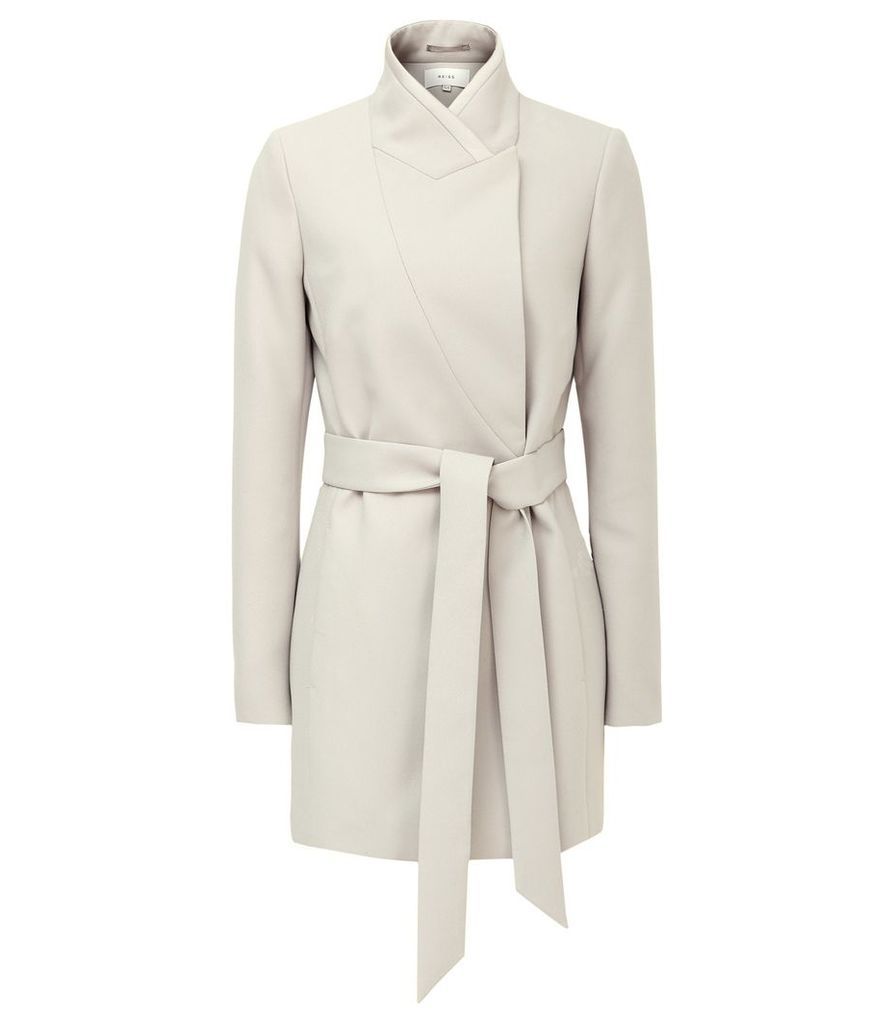 Reiss Clarence - Satin Faced Belted Jacket in Neutral, Womens, Size 14