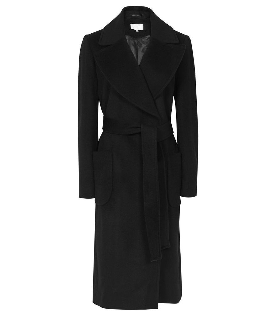 Reiss Faris - Belted Longline Coat in Black, Womens, Size 14