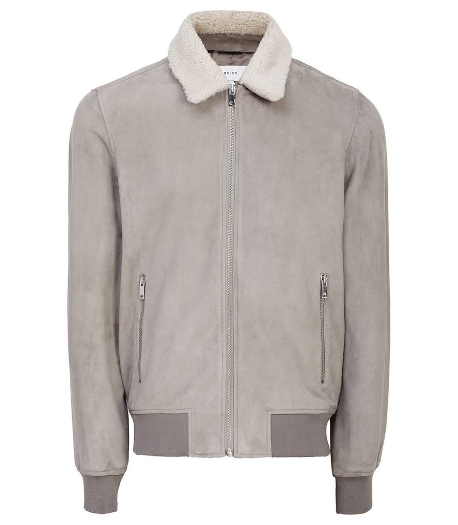 Reiss River - Suede Bomber With Detachable Collar in Stone, Mens, Size XXL
