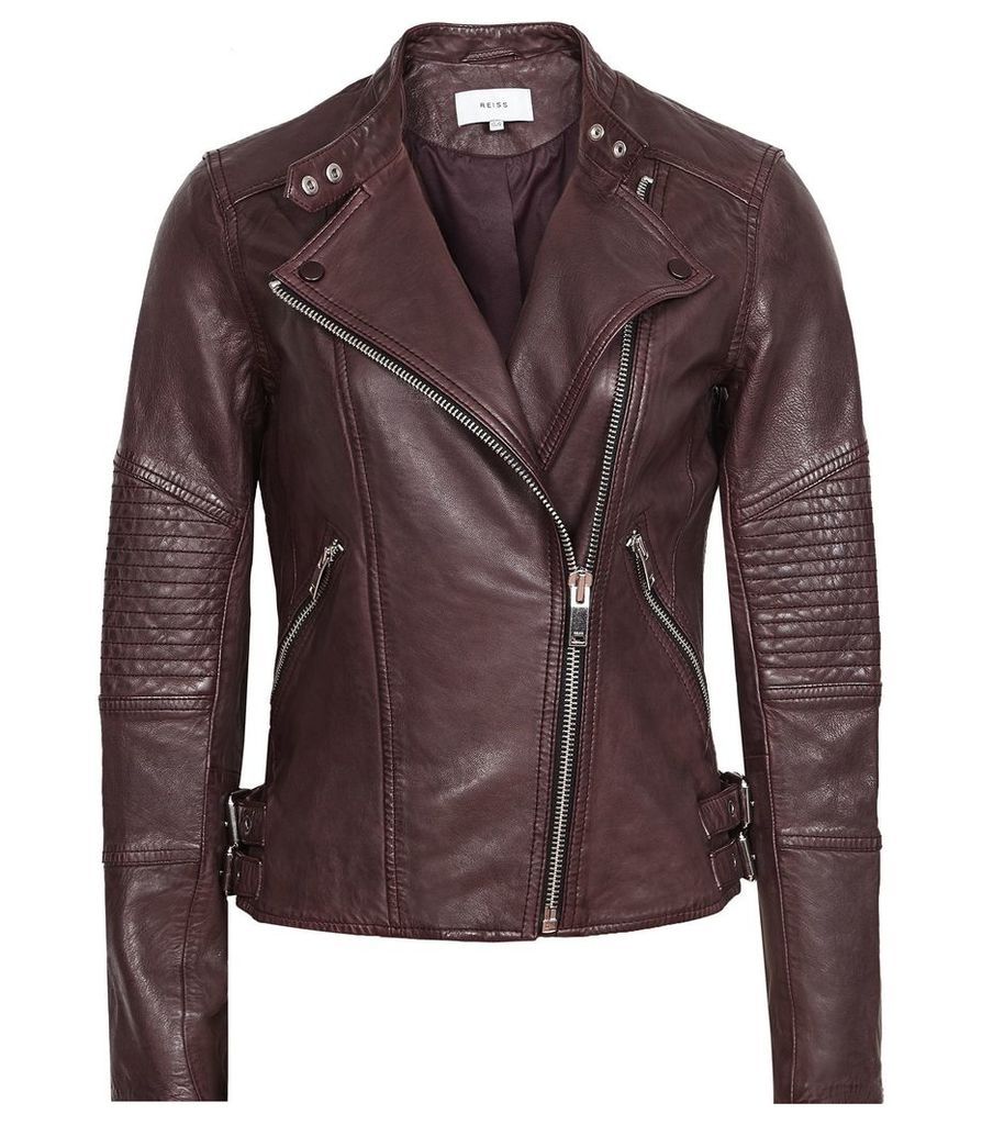 Reiss Tay - Leather Biker Jacket in Oxblood, Womens, Size 14