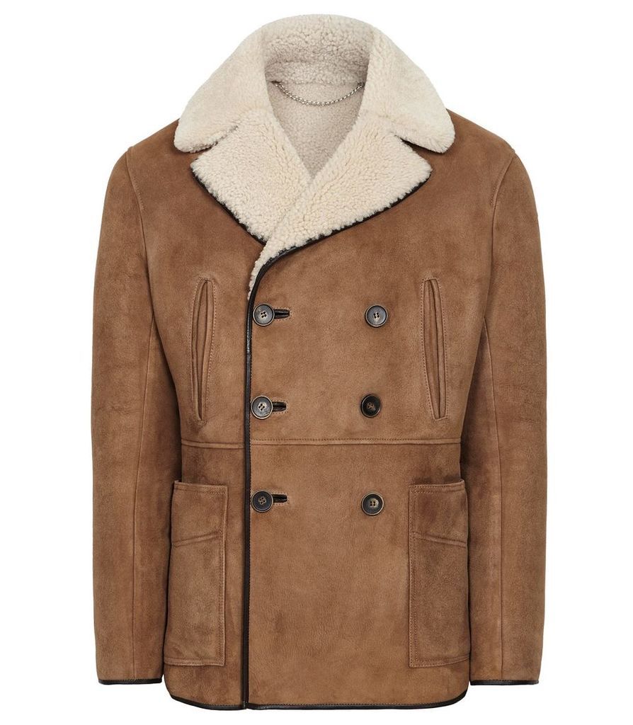 Reiss Brodie - Shearling Double Breasted Coat in Tan, Mens, Size XXL