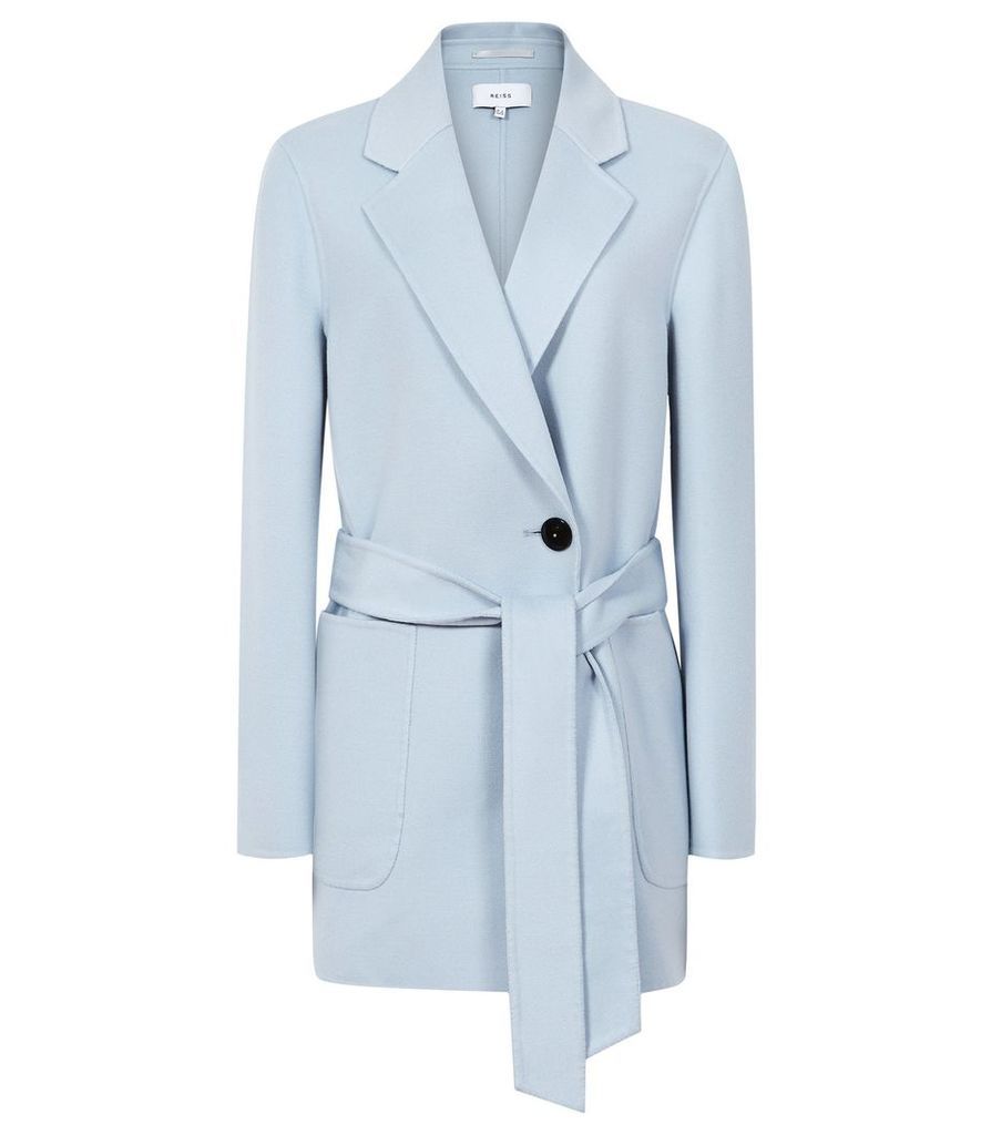 Reiss Austen - Wool Blend Self Tie Coat in Light Blue, Womens, Size 14