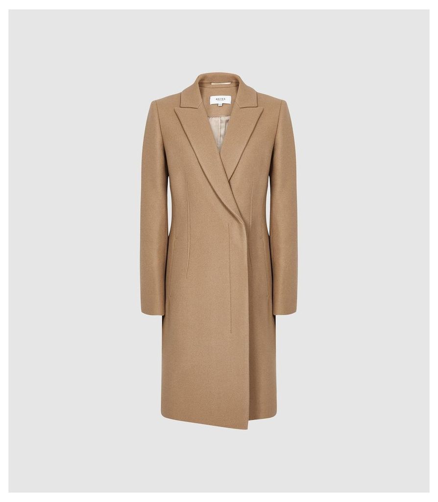 Reiss Santhia - Wool Blend Double Breasted Coat in Camel, Womens, Size 14