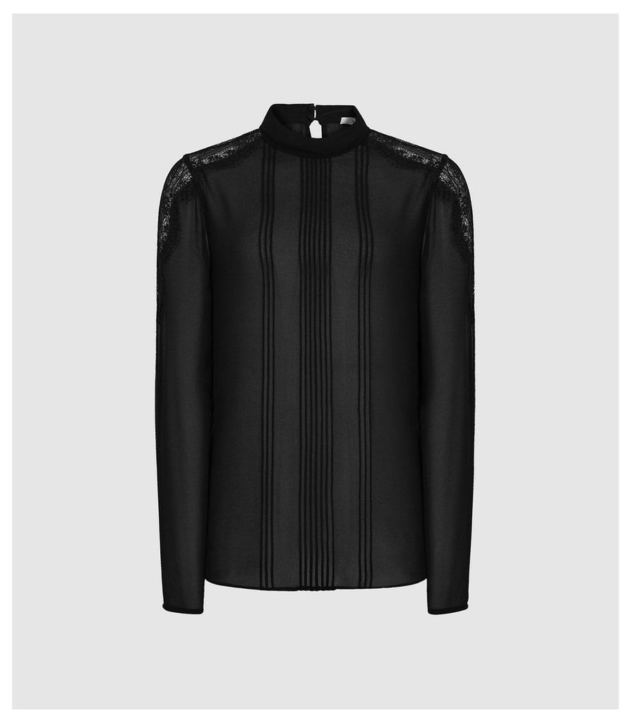 Reiss Marina - Pleat Detail Blouse in Black, Womens, Size 14
