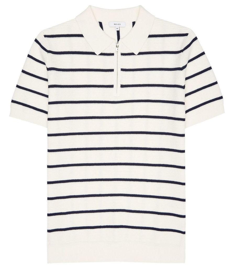 Reiss Tristain - Striped Zip Polo Shirt in White/Navy, Mens, Size XXL