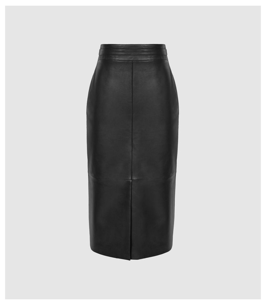 Reiss Maya - Leather Front Split Pencil Skirt in Black, Womens, Size 14