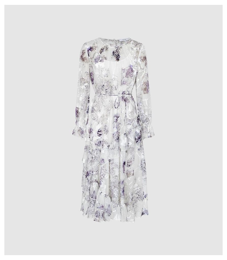 Reiss Annabelle - Floral Printed Midi Dress in Blue/ White, Womens, Size 16