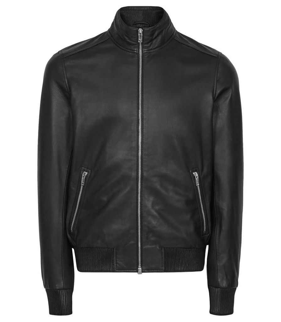 Reiss Harris - Leather Funnel Neck Jacket in Black, Mens, Size XXL