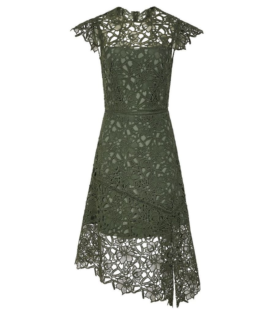 Reiss Ivana - Lace Asymmetric Hemline Dress in Ivy, Womens, Size 16