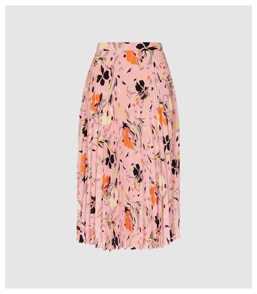 Reiss Andi - Floral Pleated Midi Skirt in Pink, Womens, Size 14