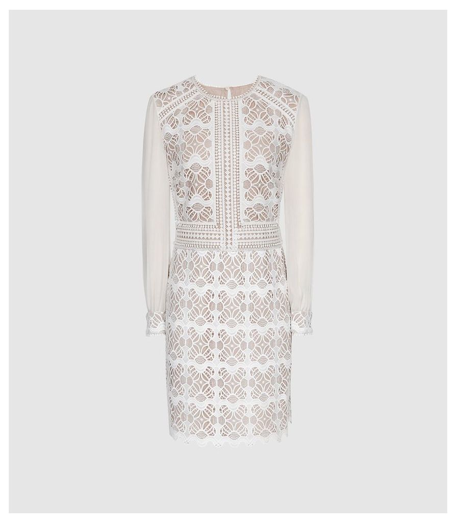 Reiss Aria - Geometric Lace Dress With Sheer Sleeves in White, Womens, Size 16