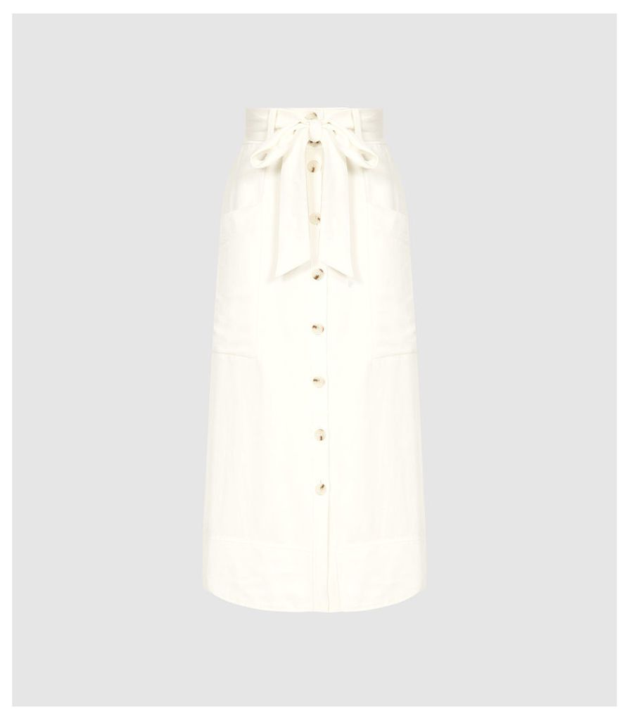 Reiss Josephine - High Rise Linen Blend Midi Skirt in Buttermilk, Womens, Size 12