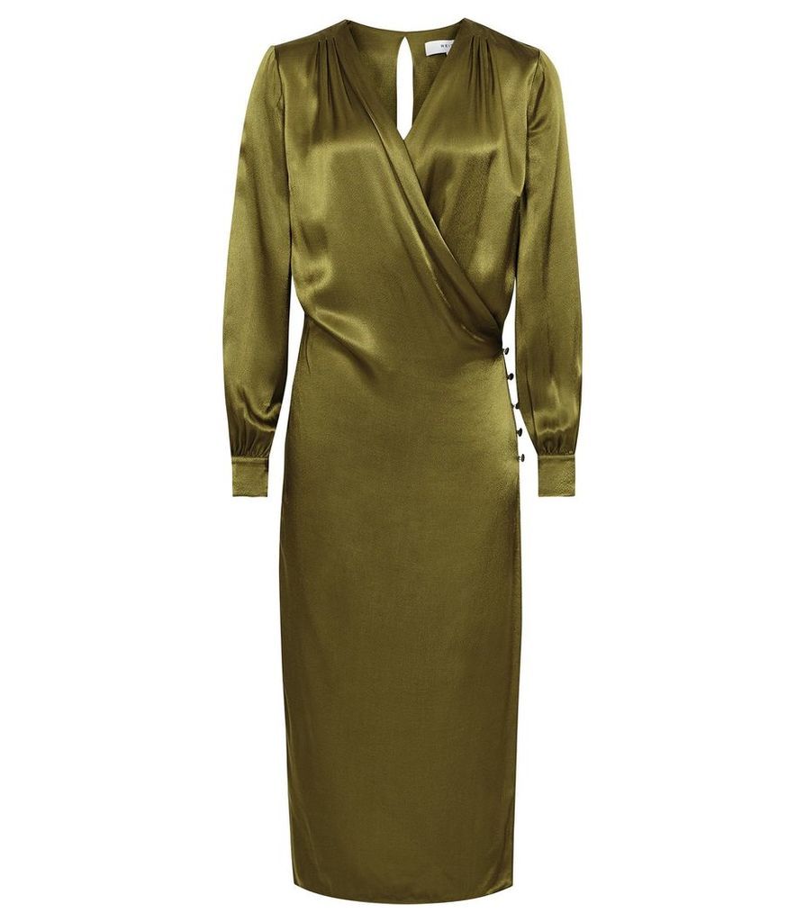 Reiss Renae - Satin Wrap Dress in Olive, Womens, Size 16