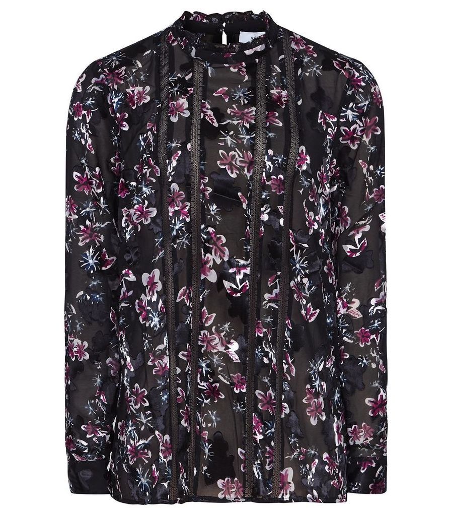Reiss Luce - Floral Burnout Printed Blouse in Black Floral, Womens, Size 14
