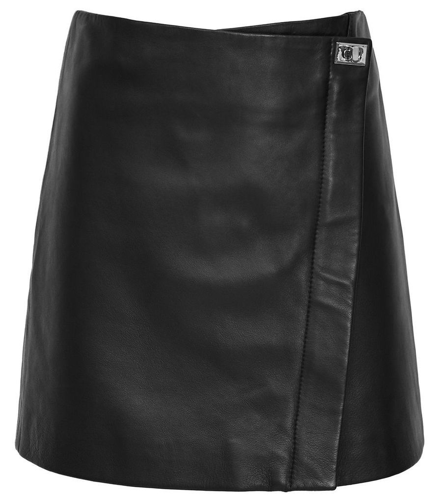 Reiss Fenella - Turn Lock Leather Mini Skirt in Black, Womens, Size 14