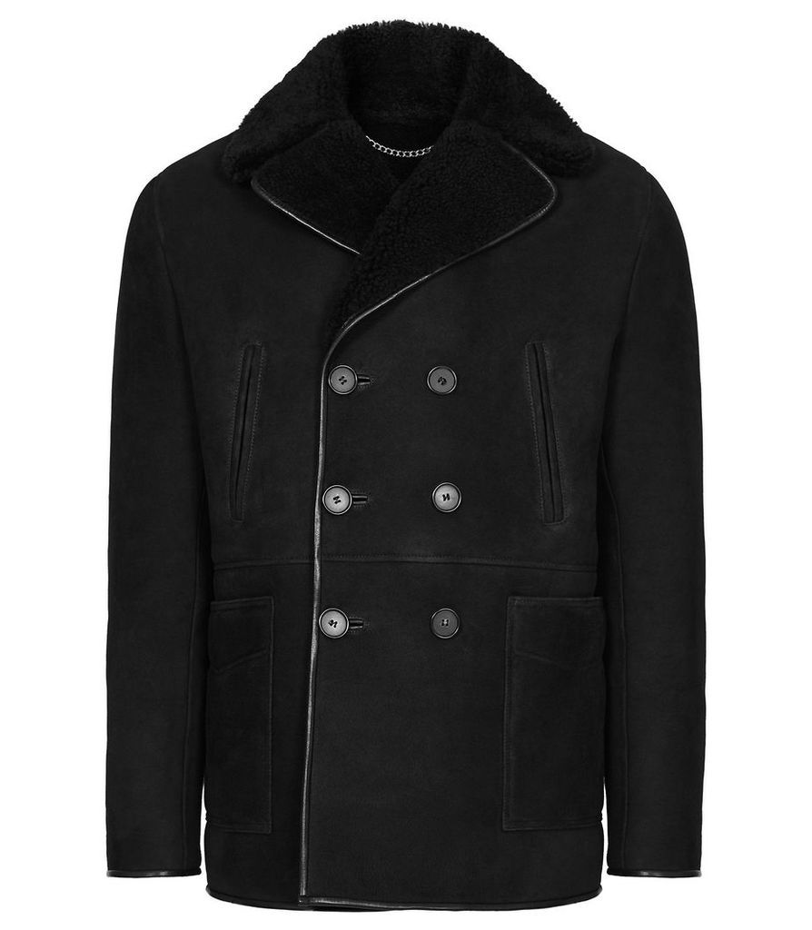 Reiss Codie - Shearling Double Breasted Coat in Black, Mens, Size XXL