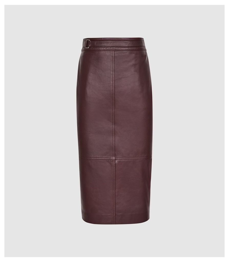 Reiss Kai - Leather Pencil Skirt in Pomegranate, Womens, Size 14